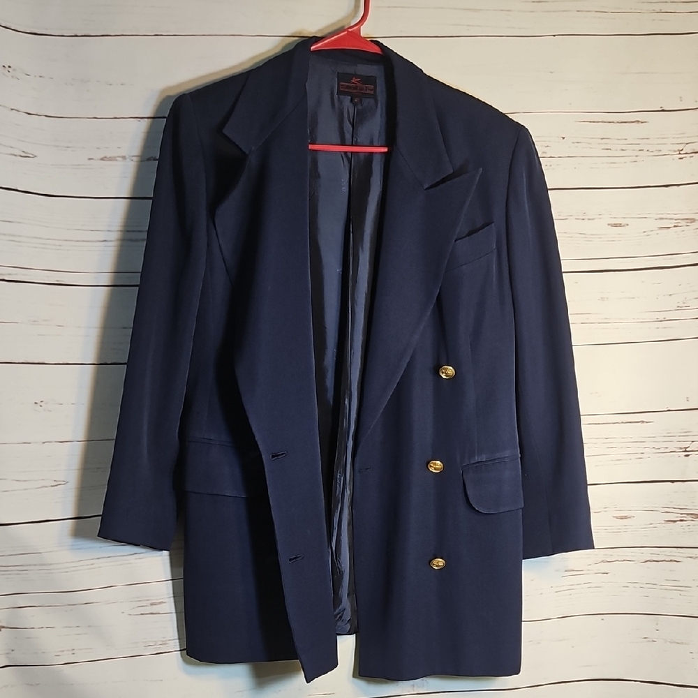 Etro Milano Navy Blue Blazer Gold Buttons Double Breasted Jacket Size 42
